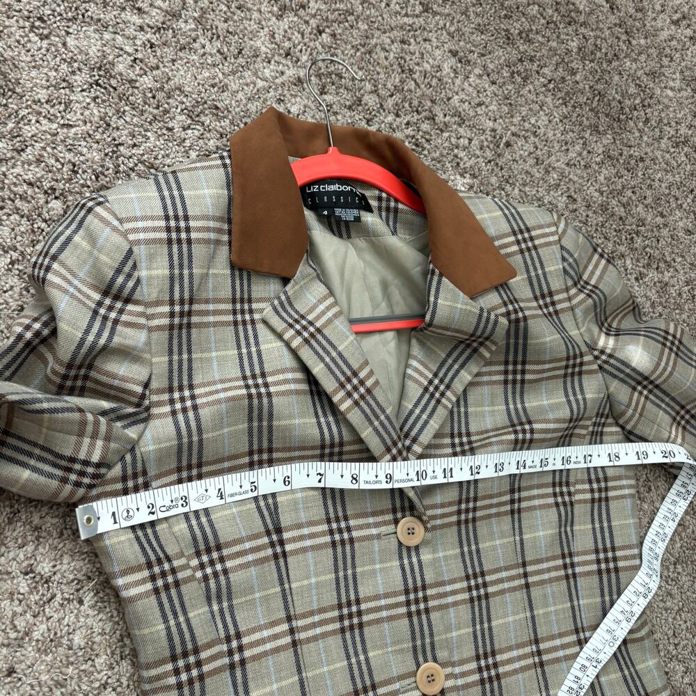 Vintage Liz Claiborne Classic Wool Plaid Tweed Suede Collar Jacket 4 Academic - Picture 10 of 10